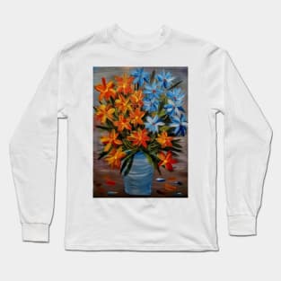 some abstract orchids in red and yellow and. Blue and white and I love the vase in glass and metallic finish on it Long Sleeve T-Shirt